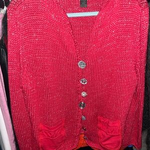Women’s Bright Red Knit Button-Front Cardigan with Decorative Buttons